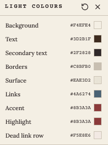 The custom colour picker, showing background, ink, accent and rule swatches.
