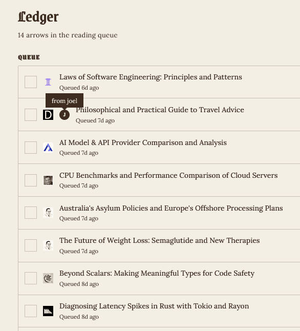 The ledger view, a reading list of arrows queued from friends.