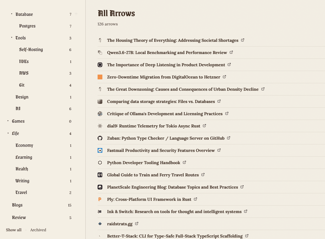 The quiver view, showing arrows organised into nested folders in the sidebar.