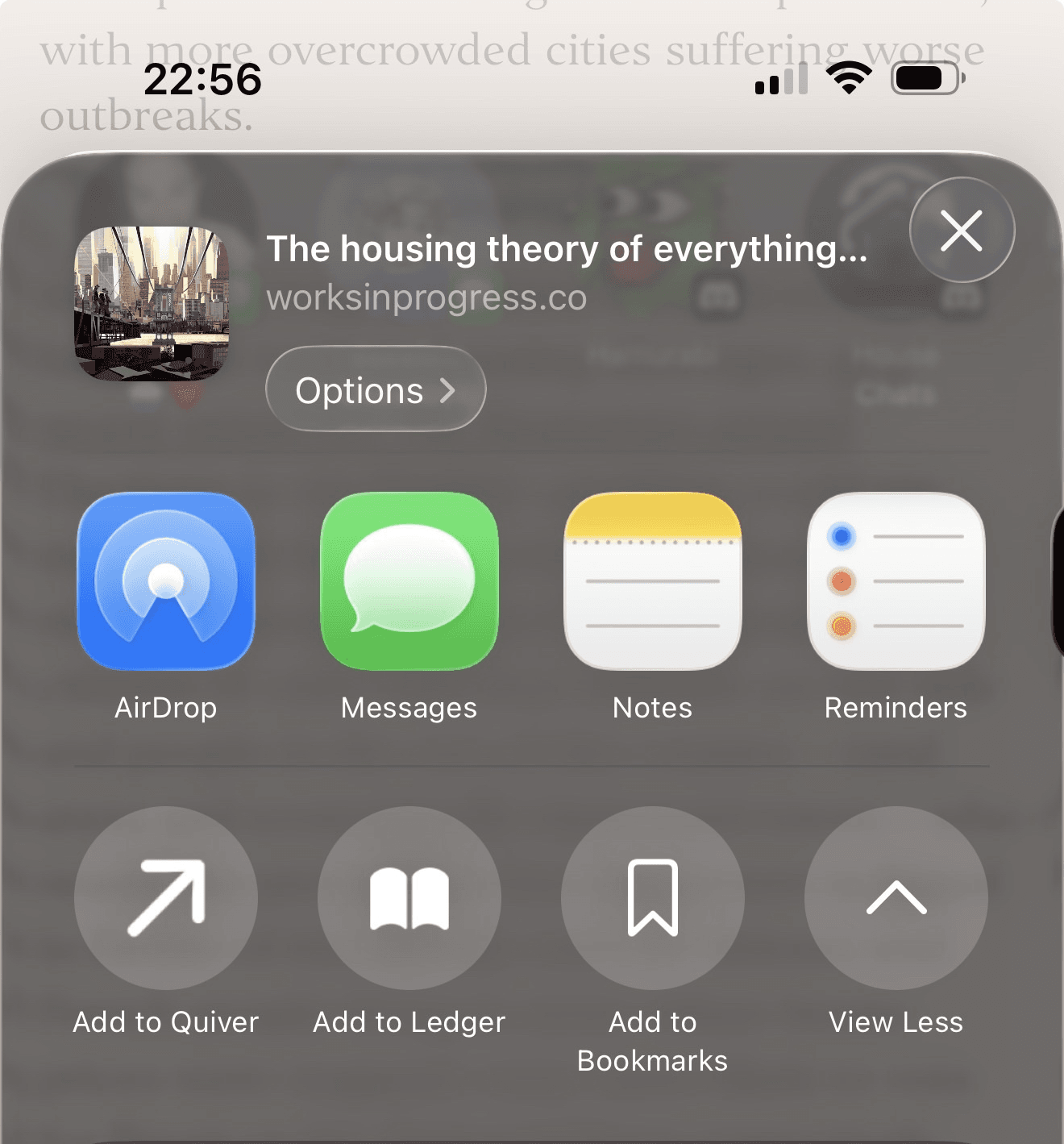 iOS share sheet showing Add to Quiver and Add to Ledger actions.